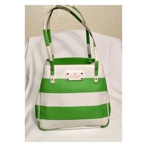 Kate Spade Sidney Green and White Striped Tote. Measures 12" L x 11" H x 8" W